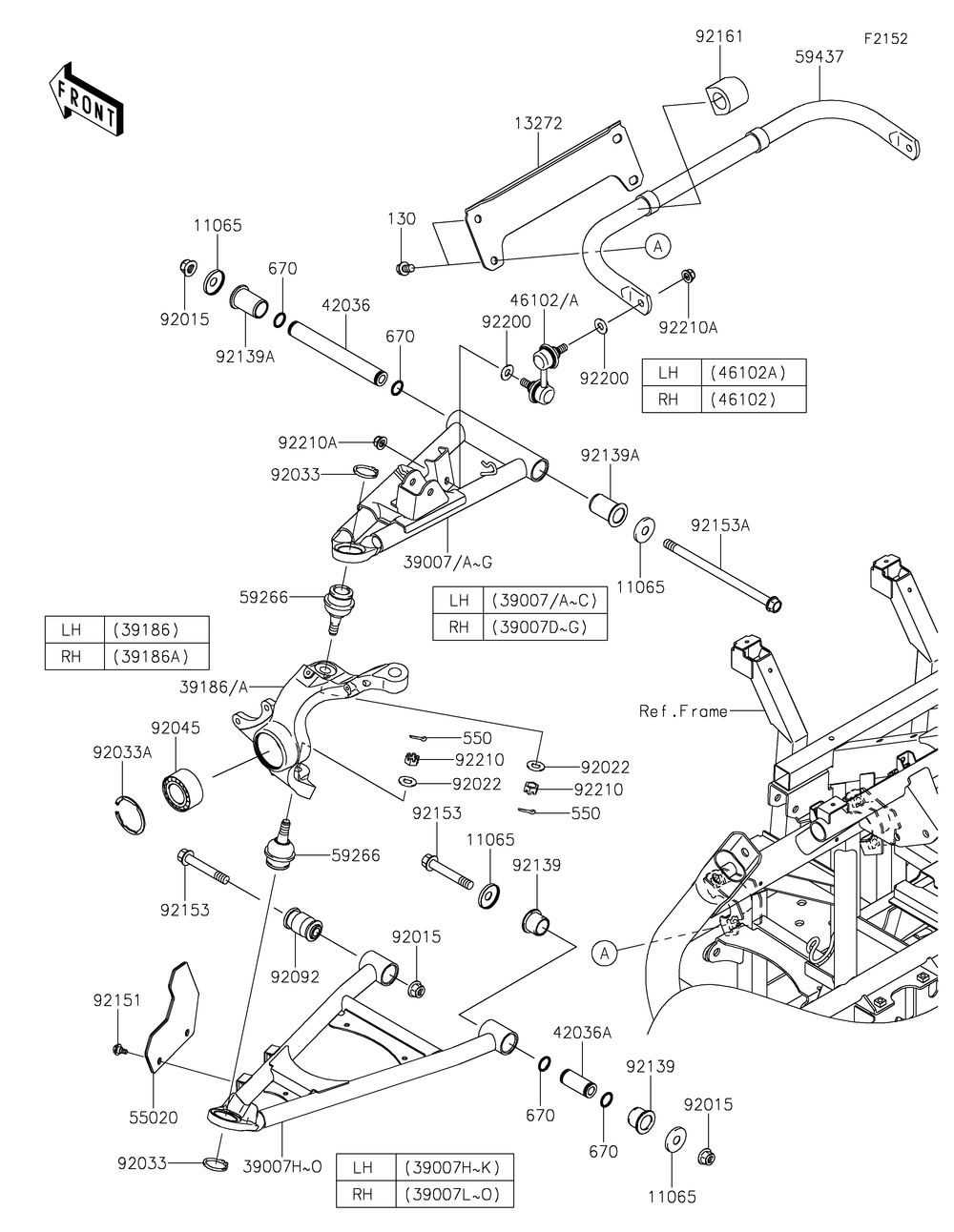 Front Suspension Diagram and Parts List for KRF800FLF 2020 Kawasaki Lawn Tractor Accessories
