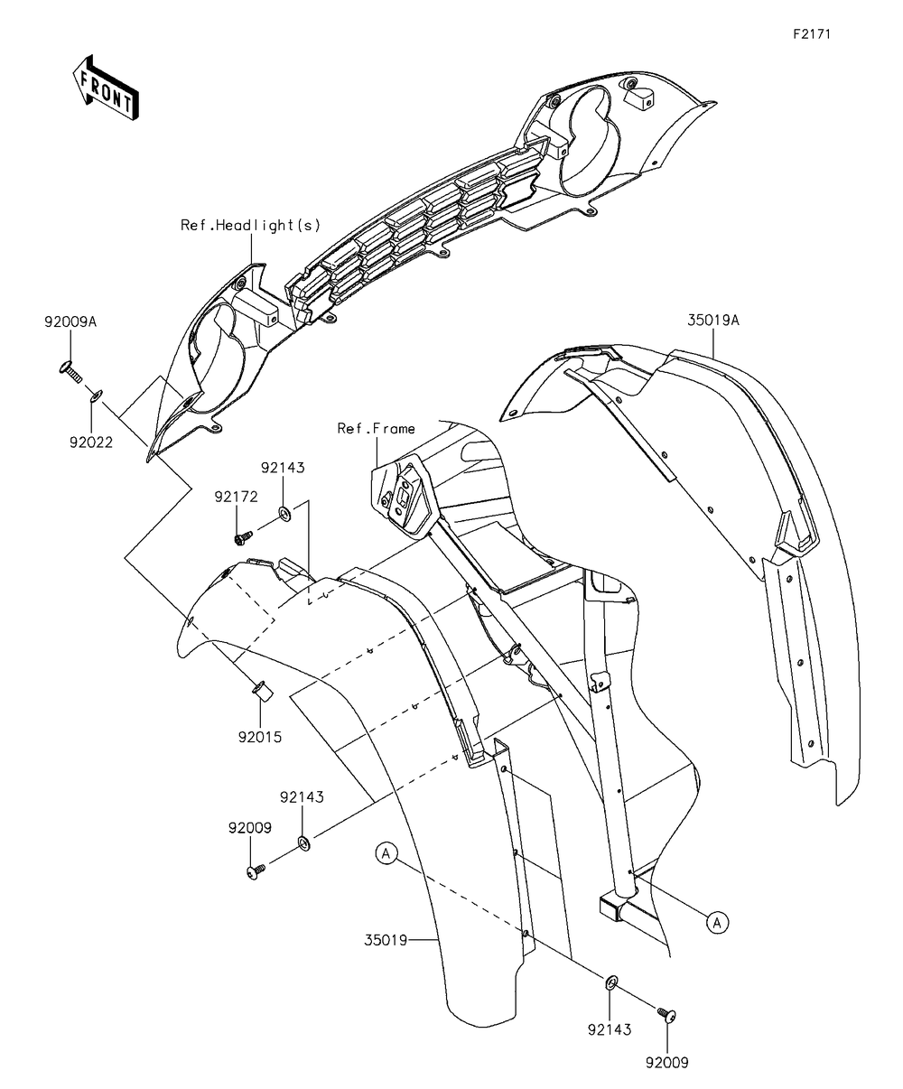 Front Fender Diagram and Parts List for KAF400EDF 2013 Kawasaki Lawn Tractor Accessories