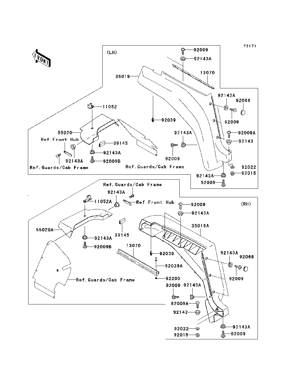 Front Fender Diagram and Parts List for KAF950B7F 2007 & Prior Kawasaki Lawn Tractor Accessories