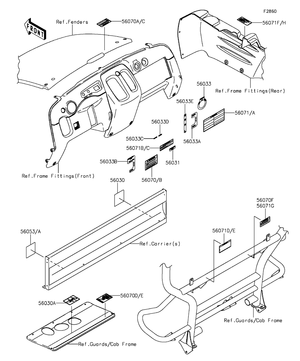 Labels Diagram and Parts List for KAF400FGF 2016 Kawasaki Lawn Tractor Accessories