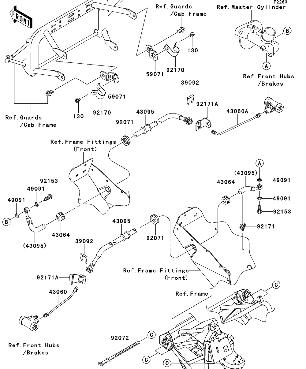 Front Brake Piping Diagram and Parts List for KAF400BEF 2014 Kawasaki Lawn Tractor Accessories