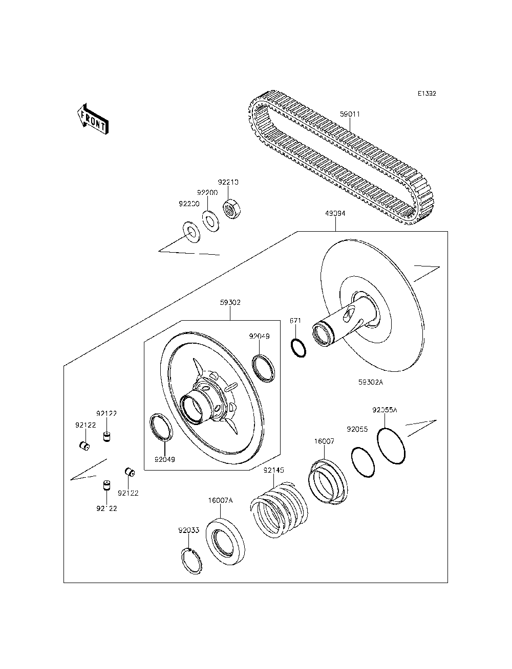 Driven Converter/Drive Belt Diagram and Parts List for KRF800CEF 2014 Kawasaki Lawn Tractor Accessories