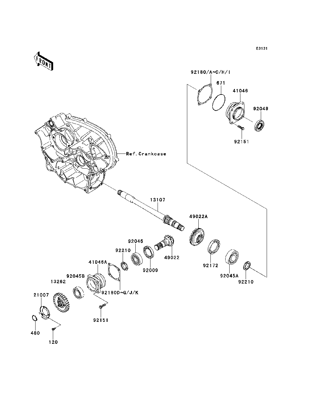 Front Bevel Gear Diagram and Parts List for KRF750SCSA 2012 Kawasaki Lawn Tractor Accessories