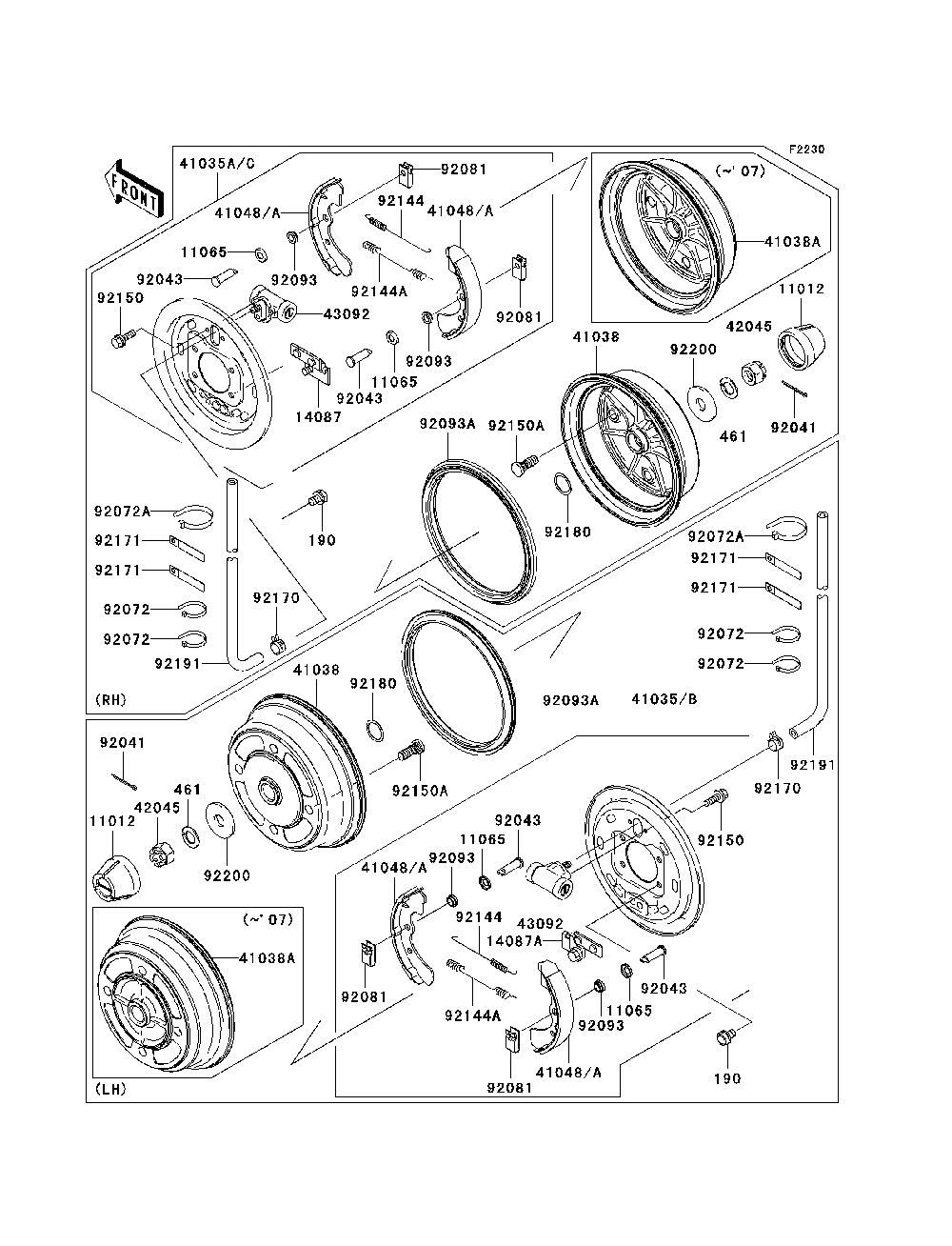 Front Hubs/Brakes Diagram and Parts List for KAF620H7F 2007 & Prior Kawasaki Lawn Tractor Accessories