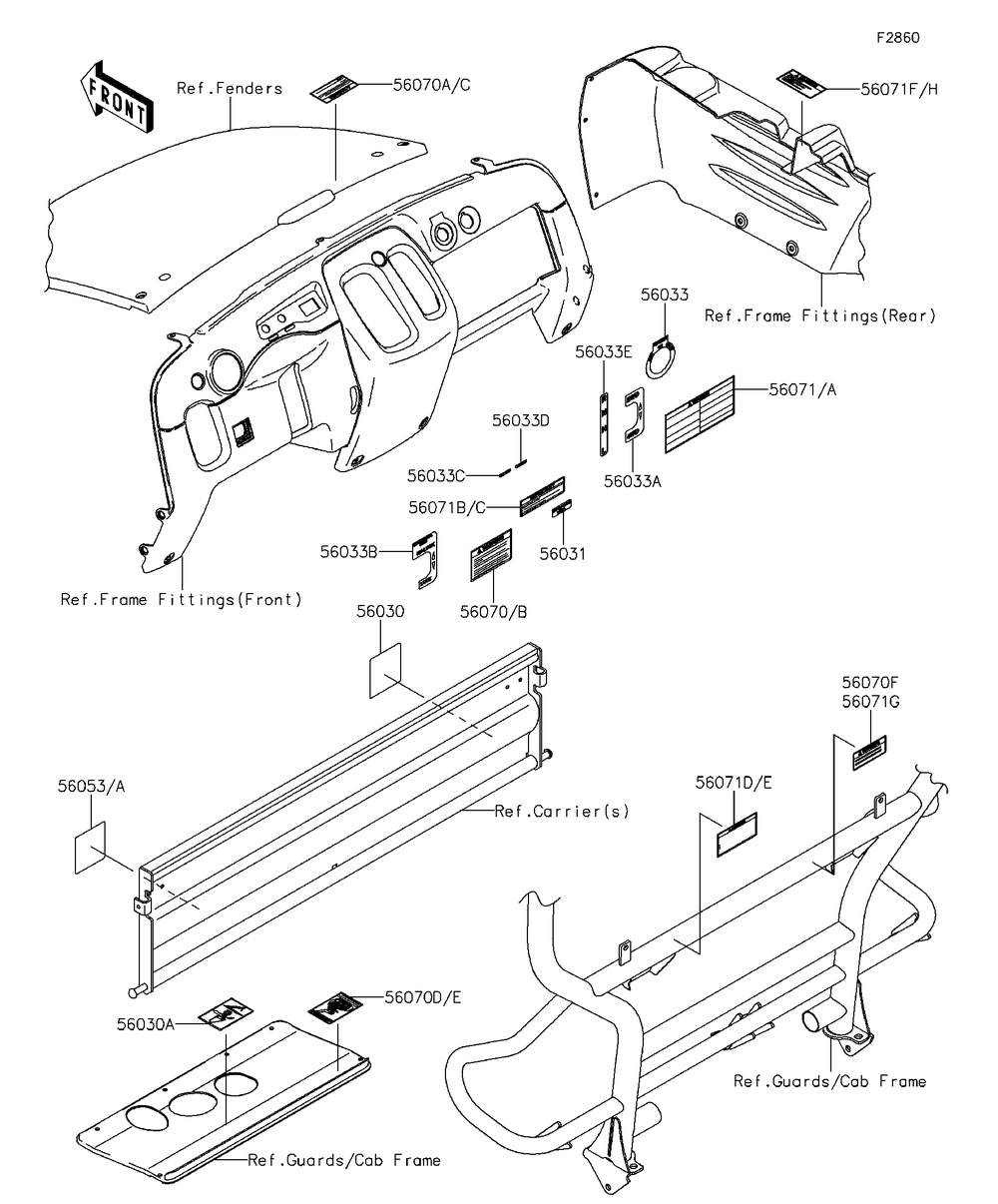 Labels Diagram and Parts List for KAF400EDF 2013 Kawasaki Lawn Tractor Accessories
