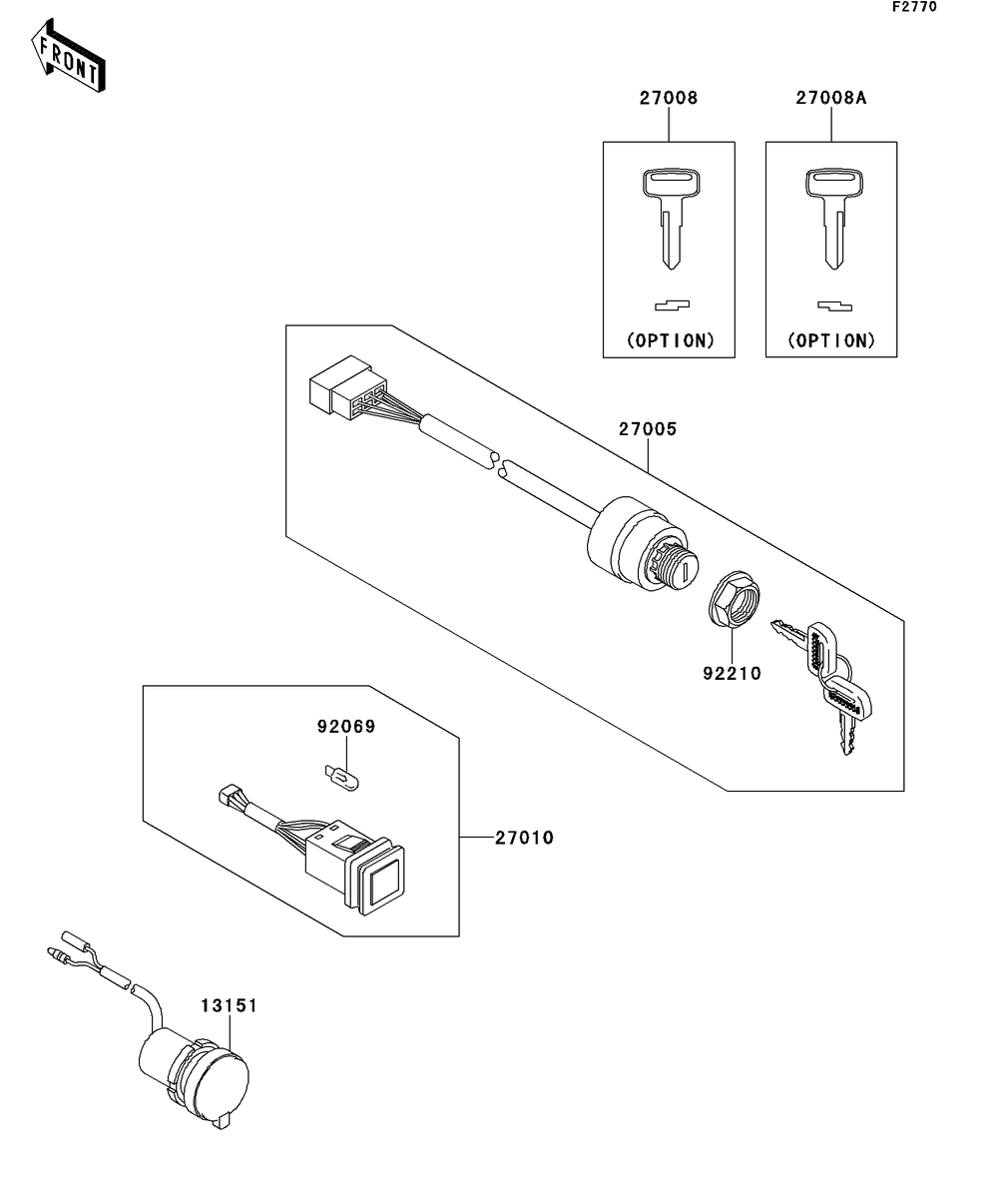Ignition Switch Diagram and Parts List for KAF950GCF 2012 Kawasaki Lawn Tractor Accessories