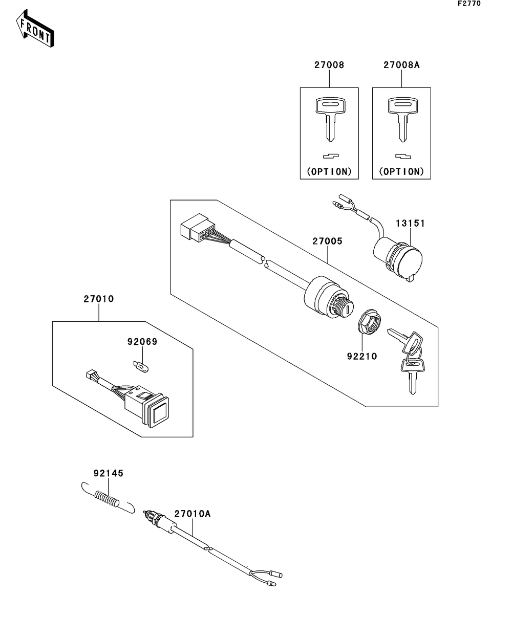 Ignition Switch Diagram and Parts List for KAF400AFF 2015 Kawasaki Lawn Tractor Accessories