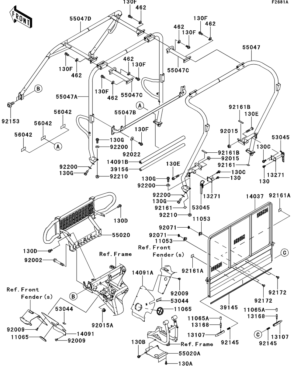 Guards/Cab Frame Diagram and Parts List for KAF620SDF 2013 Kawasaki Lawn Tractor Accessories