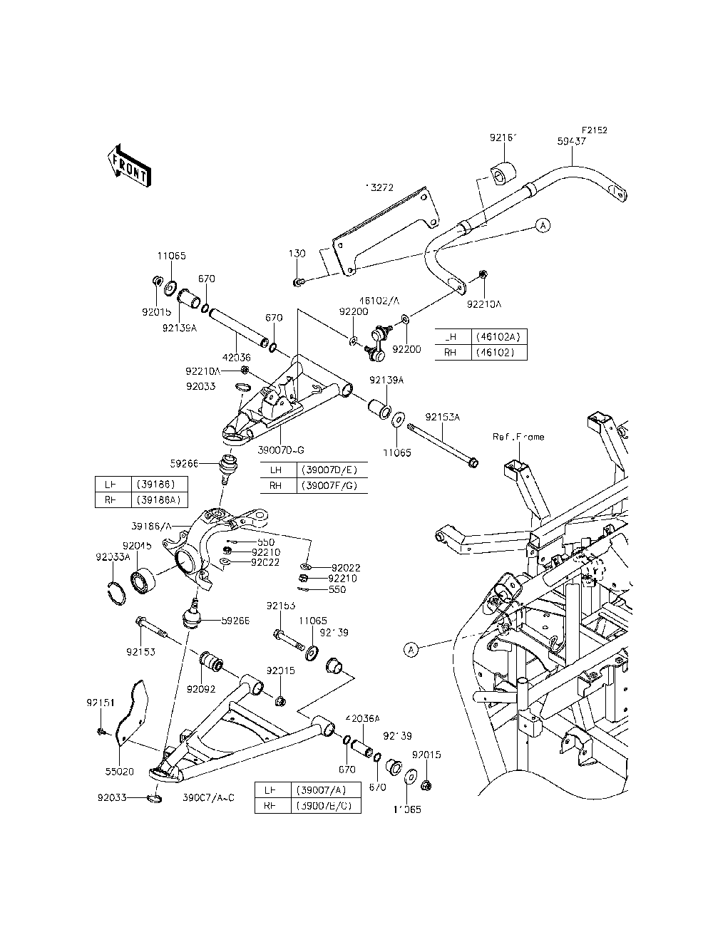 Front Suspension Diagram and Parts List for KRT800CFF 2015 Kawasaki Lawn Tractor Accessories