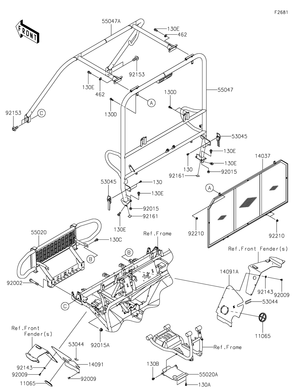 Guards/Cab Frame Diagram and Parts List for KAF620MLF 2020 Kawasaki Lawn Tractor Accessories