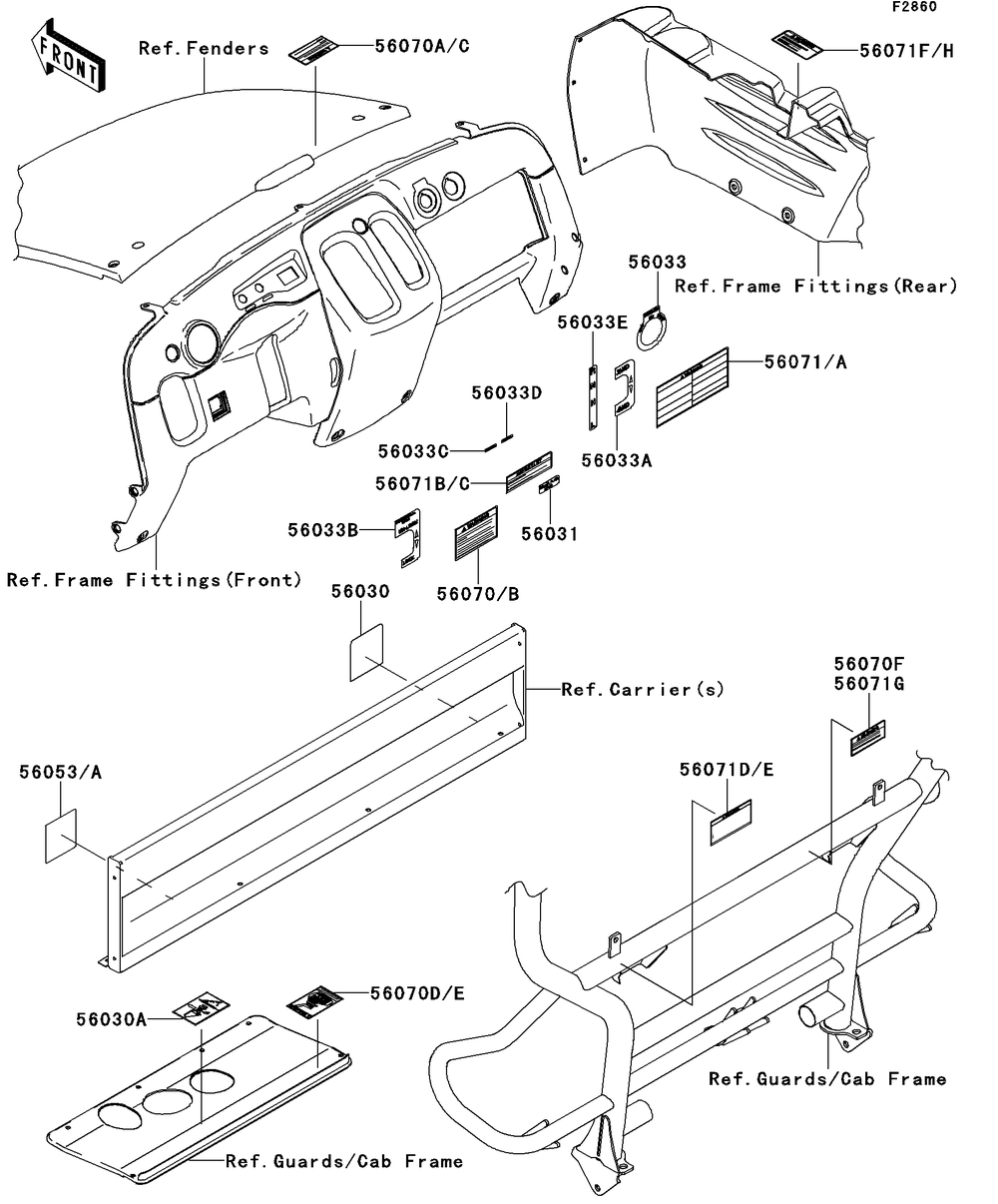 Labels Diagram and Parts List for KAF400AFF 2015 Kawasaki Lawn Tractor Accessories