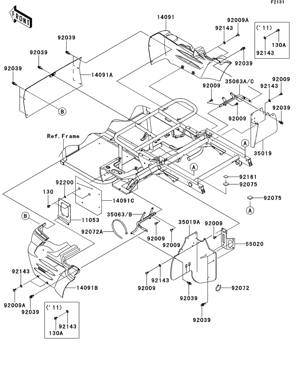 Frame Fittings-Rear Diagram and Parts List for KAF400AFF 2015 Kawasaki Lawn Tractor Accessories