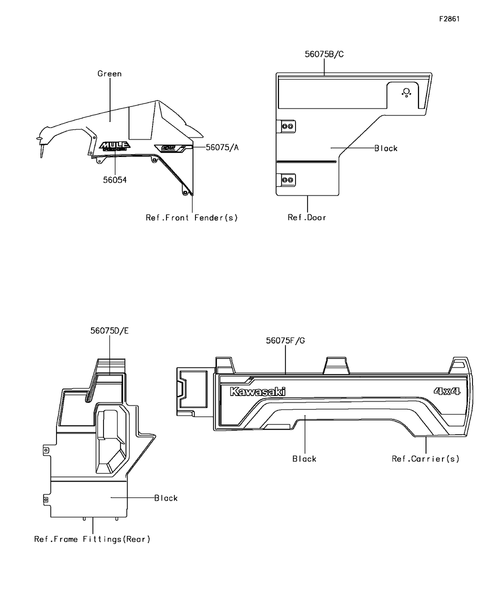 Decals(Green) Diagram and Parts List for KAF820FHF 2017 Kawasaki Lawn Tractor Accessories