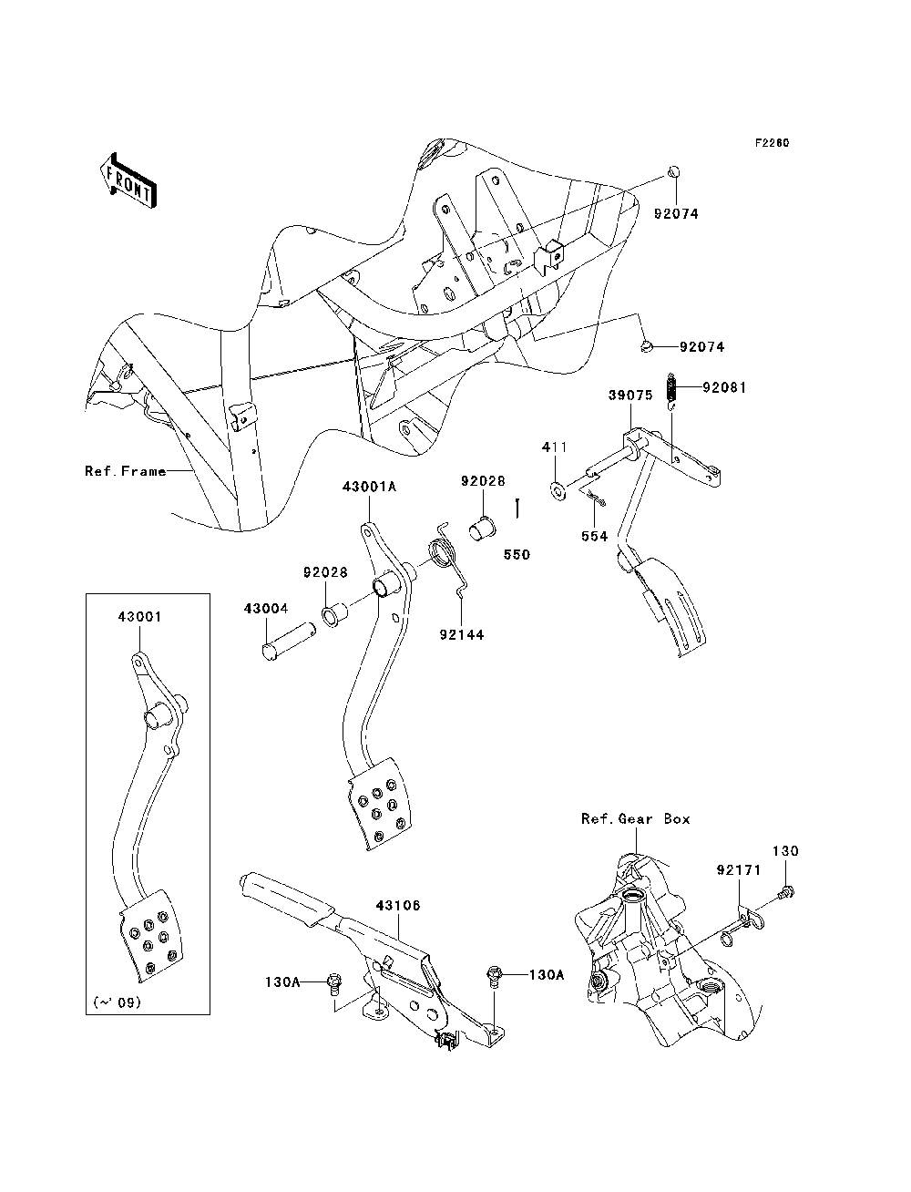 Brake Pedal/Throttle Lever Diagram and Parts List for KAF400A7F 2007 & Prior Kawasaki Lawn Tractor Accessories