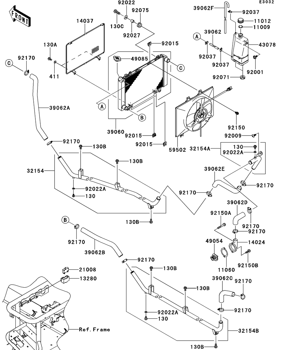 Radiator Diagram and Parts List for KAF620SDF 2013 Kawasaki Lawn Tractor Accessories