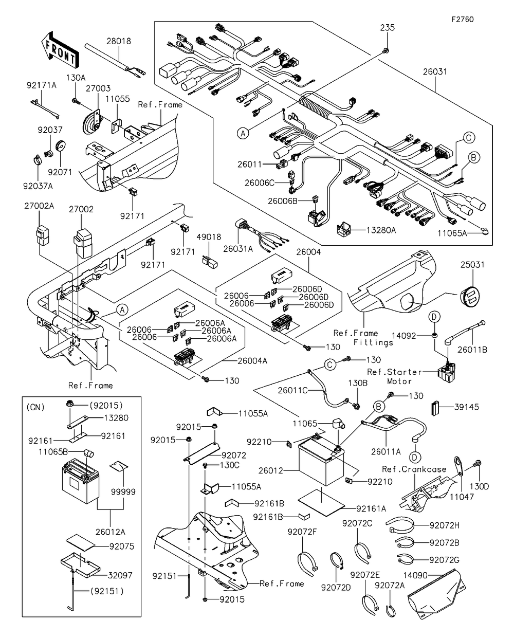 Chassis Electrical Equipment Diagram and Parts List for KAF620RFF 2015 Kawasaki Lawn Tractor Accessories