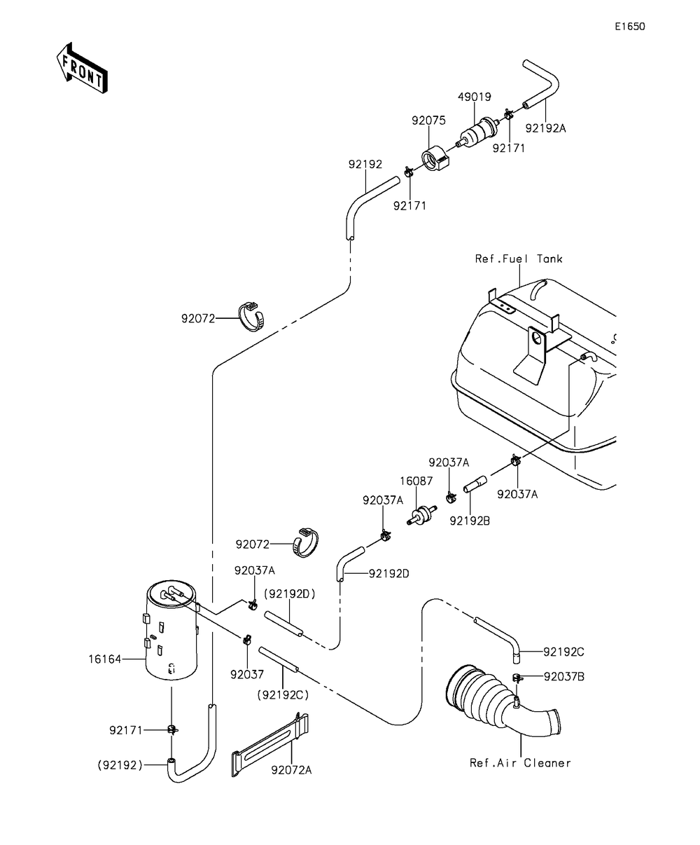 Fuel Evaporative System Diagram and Parts List for KAF400DFF 2015 Kawasaki Lawn Tractor Accessories