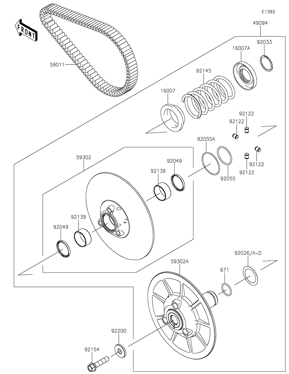 Driven Converter/Drive Belt Diagram and Parts List for KAF1000JMFNN 2021 Kawasaki Lawn Tractor Accessories