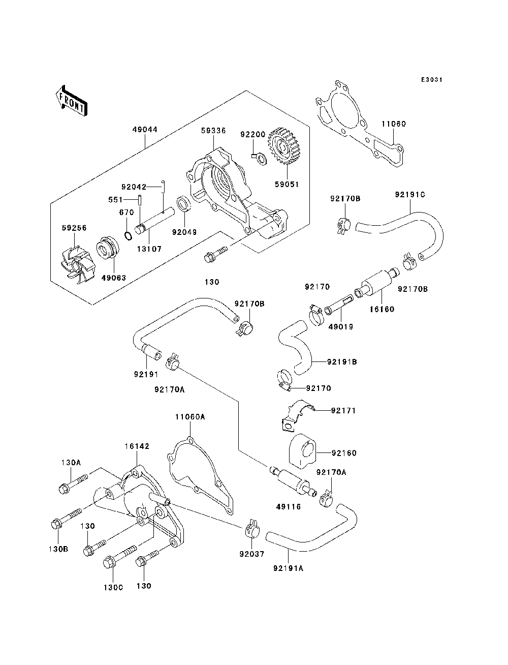 Water Pump Diagram and Parts List for KAF620E7F 2007 & Prior Kawasaki Lawn Tractor Accessories