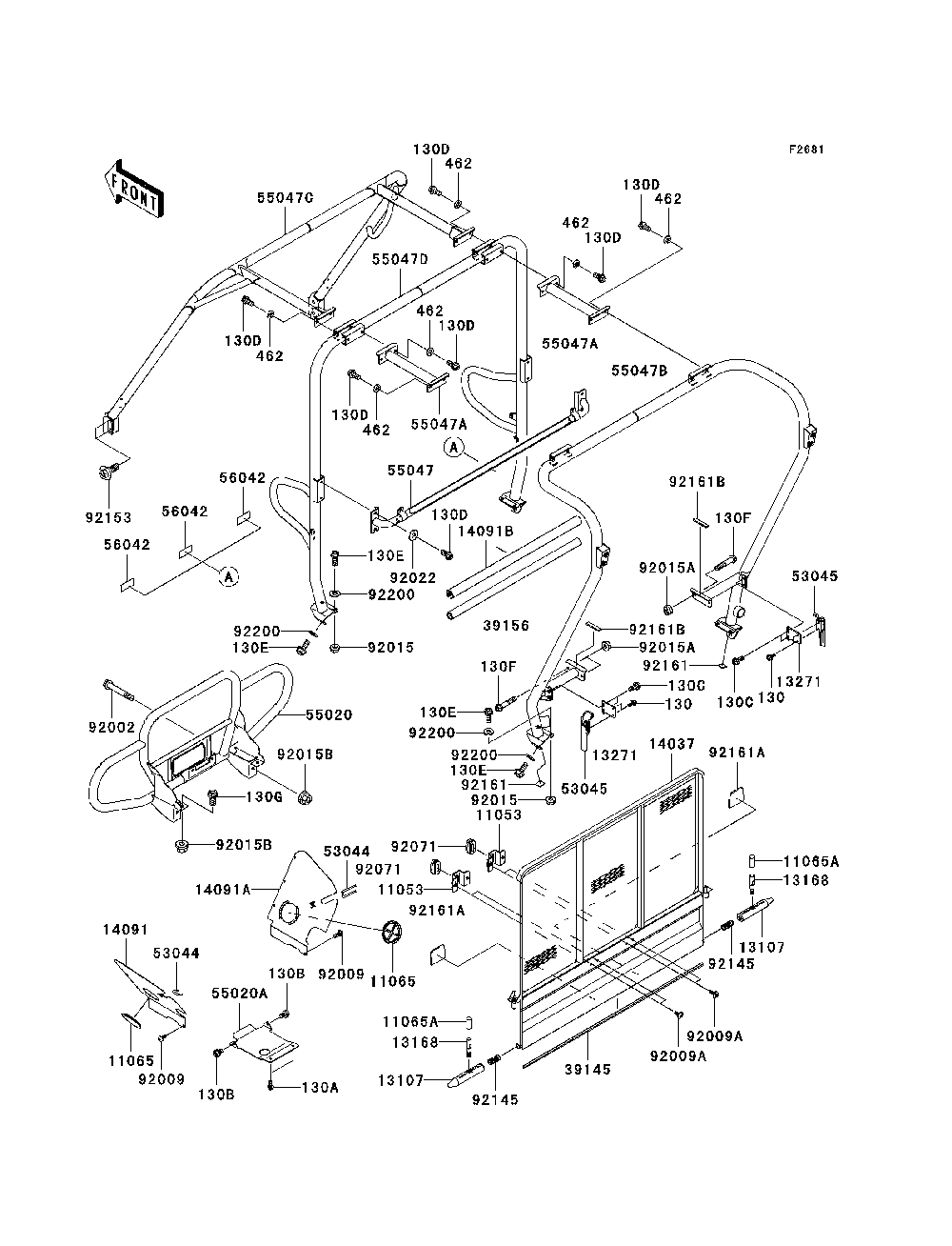 Guards/Cab Frame Diagram and Parts List for KAF950C7F 2007 & Prior Kawasaki Lawn Tractor Accessories