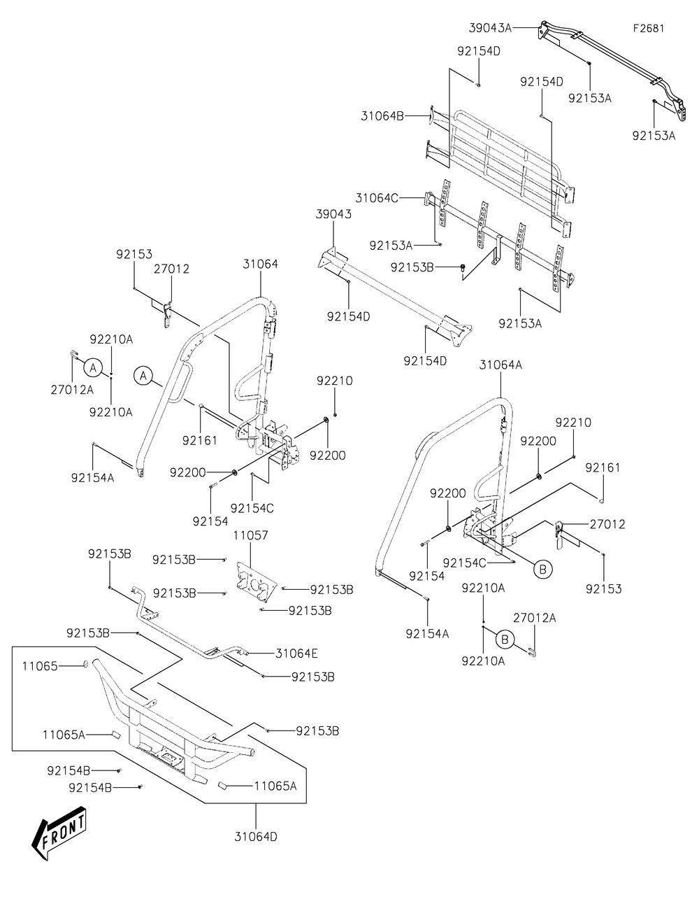 Guards/Cab Frame Diagram and Parts List for KAF700CKF 2019 Kawasaki Lawn Tractor Accessories