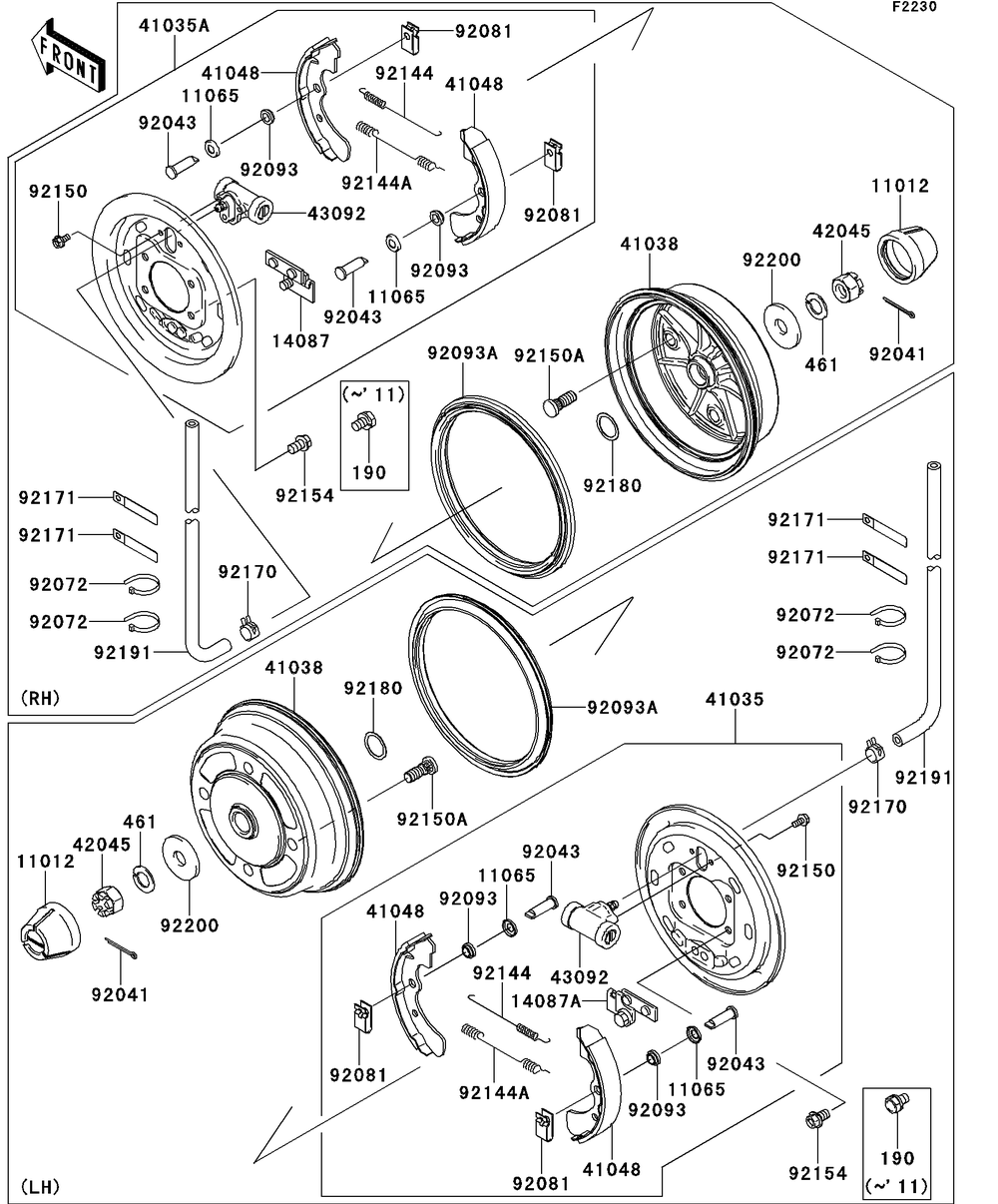 Front Hubs/Brakes Diagram and Parts List for KAF620SDF 2013 Kawasaki Lawn Tractor Accessories