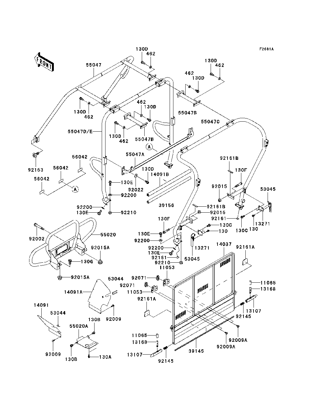 Guards/Cab Frame Diagram and Parts List for KAF620K7F 2007 & Prior Kawasaki Lawn Tractor Accessories