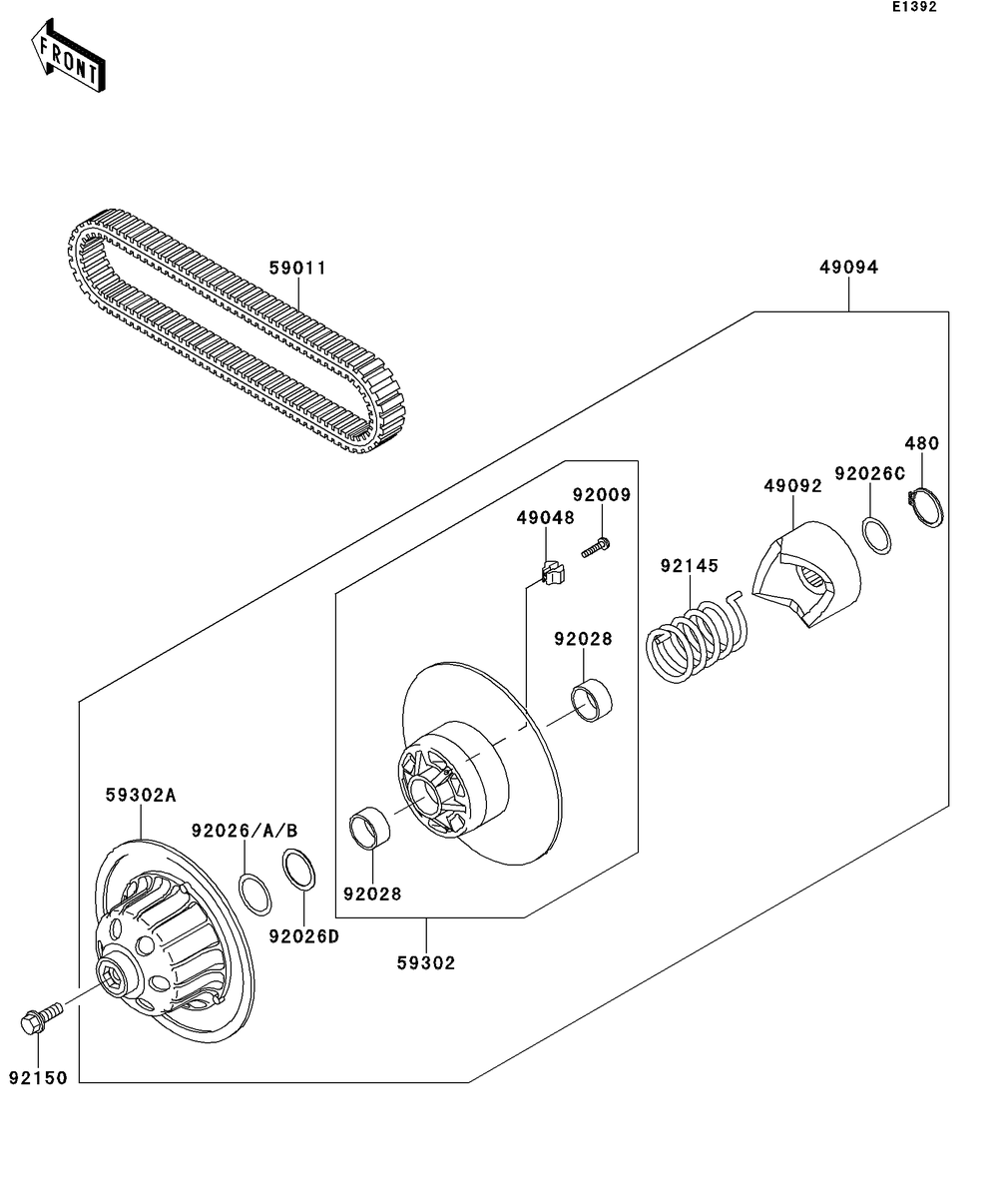 Driven Converter/Drive Belt Diagram and Parts List for KAF620RDFA 2013 Kawasaki Lawn Tractor Accessories