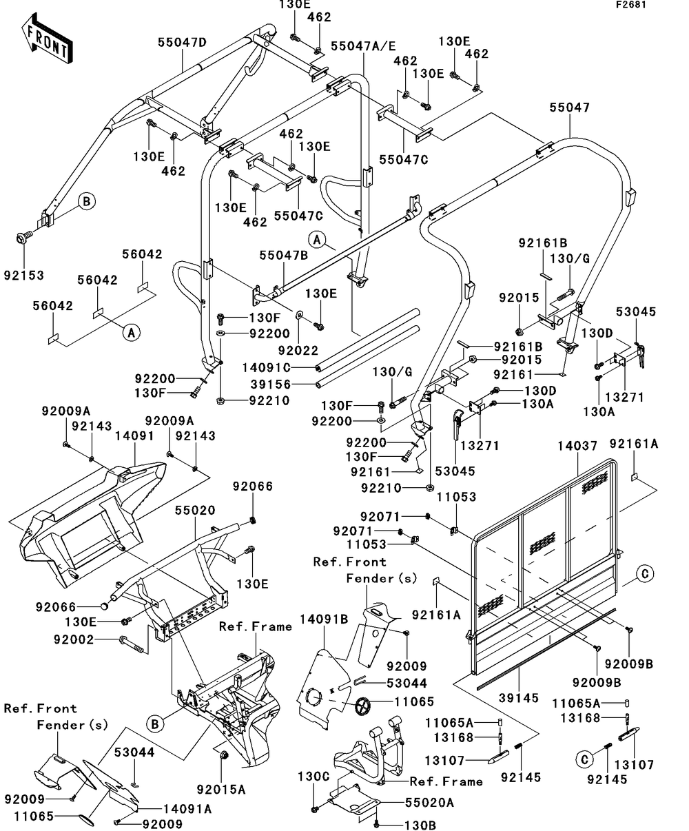 Guards/Cab Frame Diagram and Parts List for KAF950GCF 2012 Kawasaki Lawn Tractor Accessories