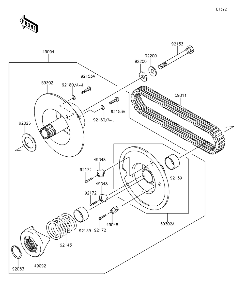 Driven Converter/Drive Belt Diagram and Parts List for KAF400FGF 2016 Kawasaki Lawn Tractor Accessories