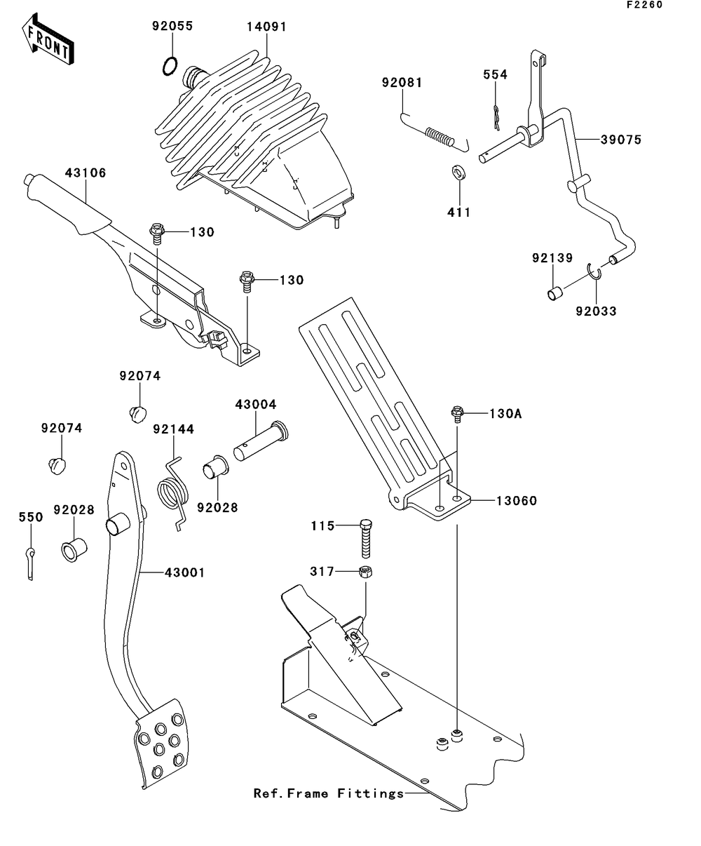 Brake Pedal/Throttle Lever Diagram and Parts List for KAF620RDFA 2013 Kawasaki Lawn Tractor Accessories