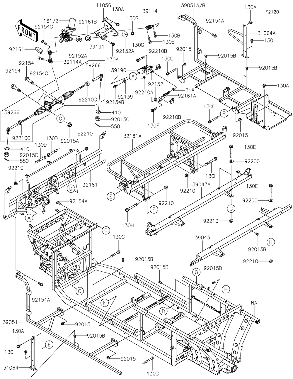 Frame Diagram and Parts List for KAF1000FGF 2016 Kawasaki Lawn Tractor Accessories