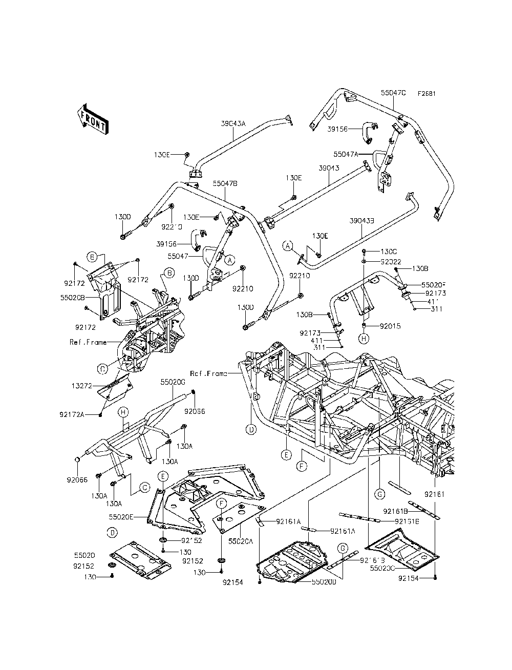 Guards/Cab Frame Diagram and Parts List for KRF800CEF 2014 Kawasaki Lawn Tractor Accessories