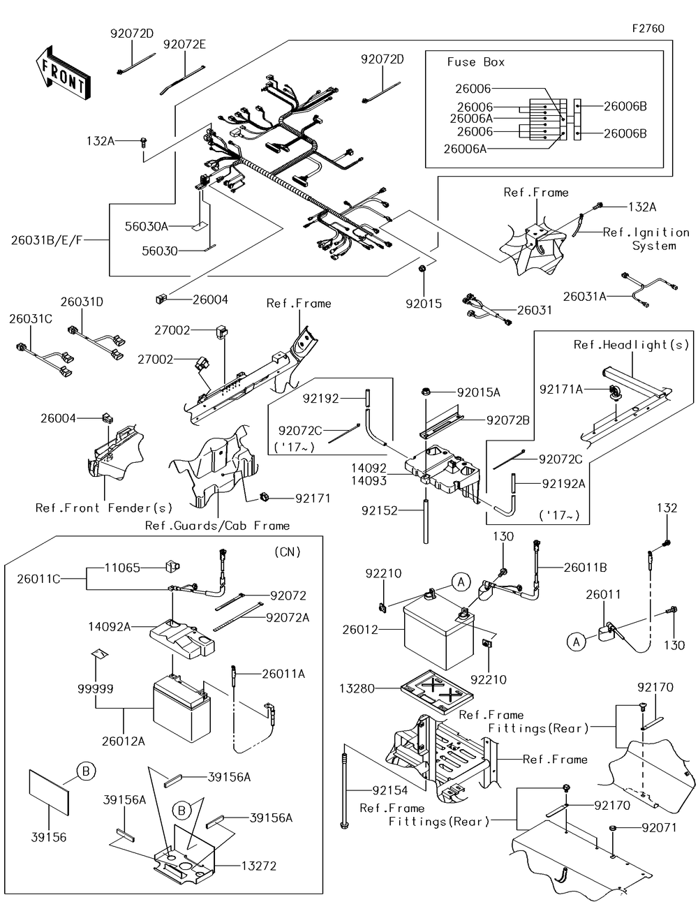 Chassis Electrical Equipment Diagram and Parts List for KRF800GJF 2018 Kawasaki Lawn Tractor Accessories