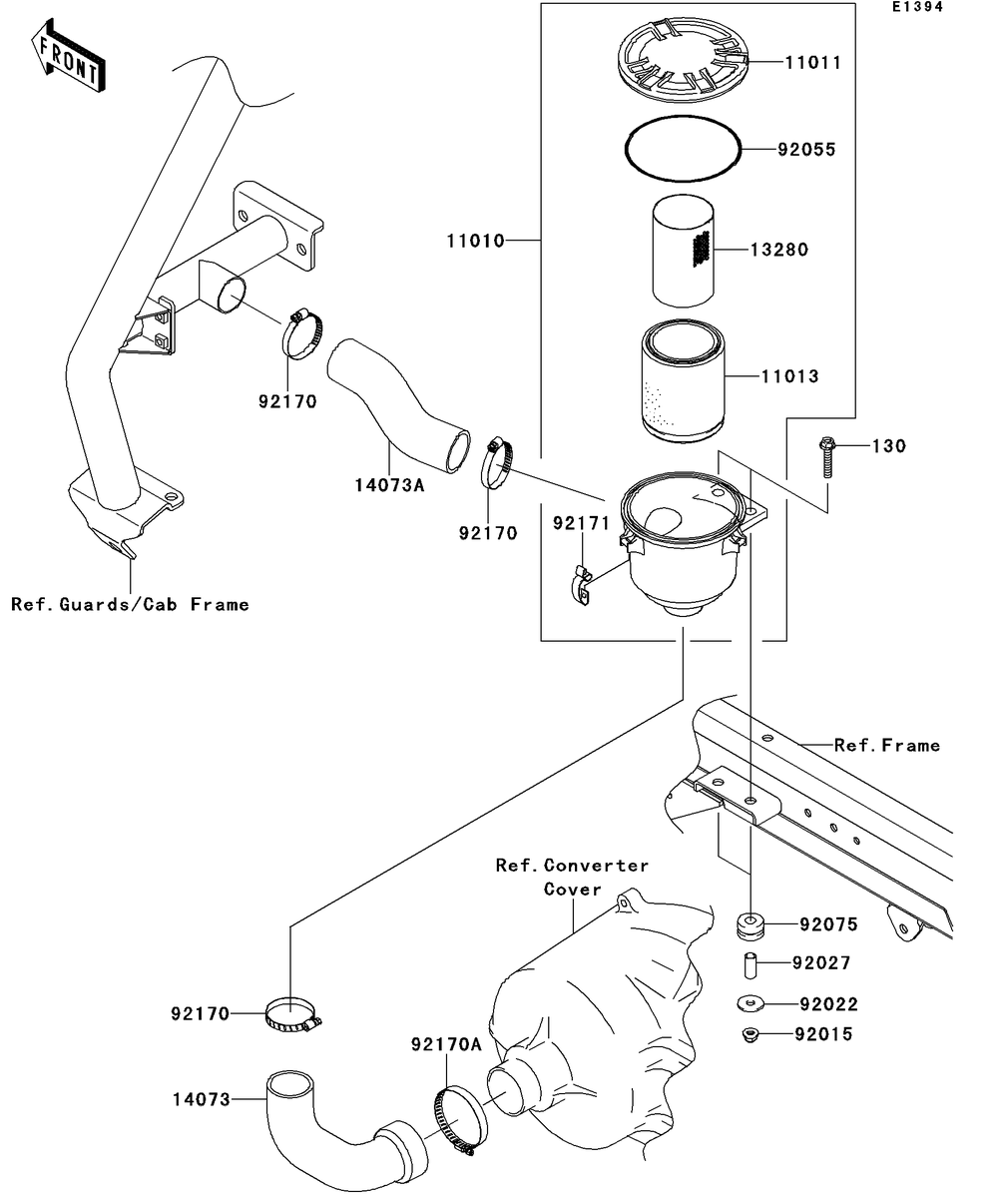 Air Cleaner-Belt Converter Diagram and Parts List for KAF620RDFA 2013 Kawasaki Lawn Tractor Accessories