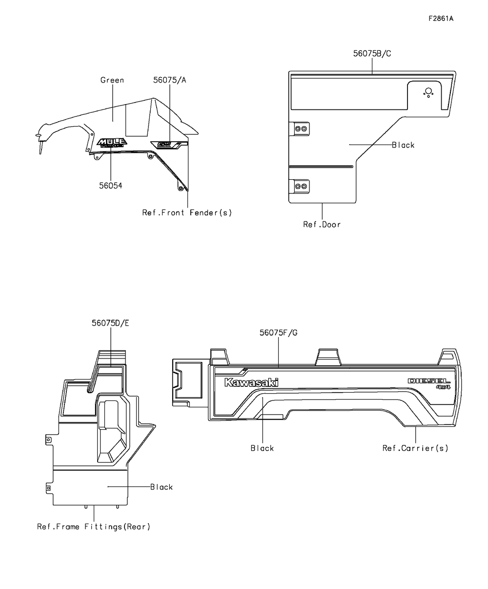 Decals(Green) Diagram and Parts List for KAF1000EGF 2016 Kawasaki Lawn Tractor Accessories