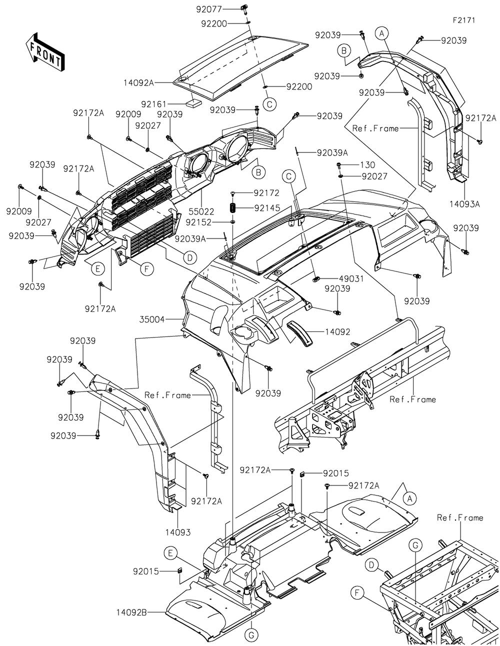Front Fender Diagram and Parts List for KAF1000CKF 2019 Kawasaki Lawn Tractor Accessories