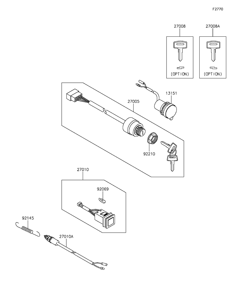 Ignition Switch Diagram and Parts List for KAF400GGF 2016 Kawasaki Lawn Tractor Accessories