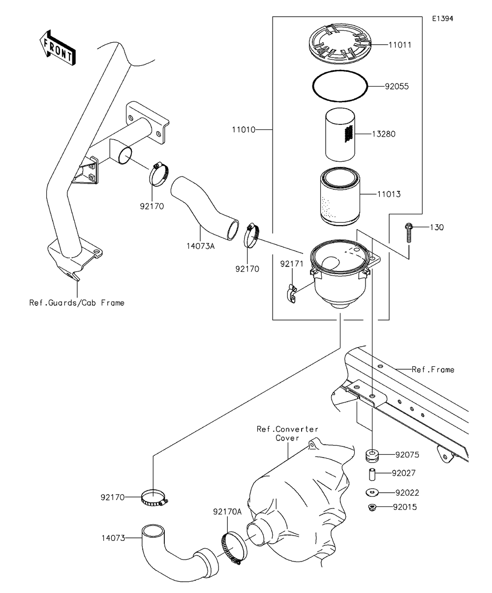 Air Cleaner-Belt Converter Diagram and Parts List for KAF620RFF 2015 Kawasaki Lawn Tractor Accessories