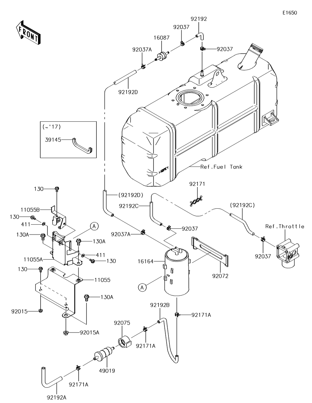 Fuel Evaporative System Diagram and Parts List for KAF620VGF 2016 Kawasaki Lawn Tractor Accessories