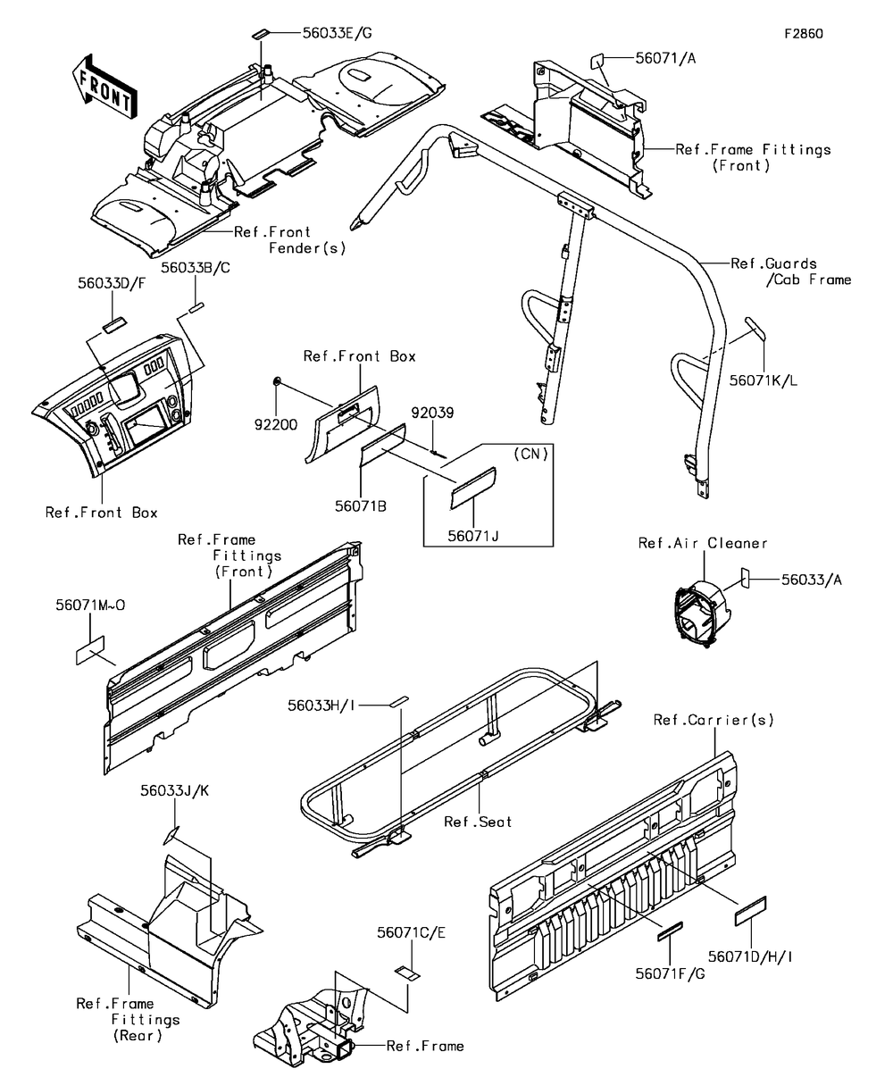 Labels Diagram and Parts List for KAF820AFF 2015 Kawasaki Lawn Tractor Accessories