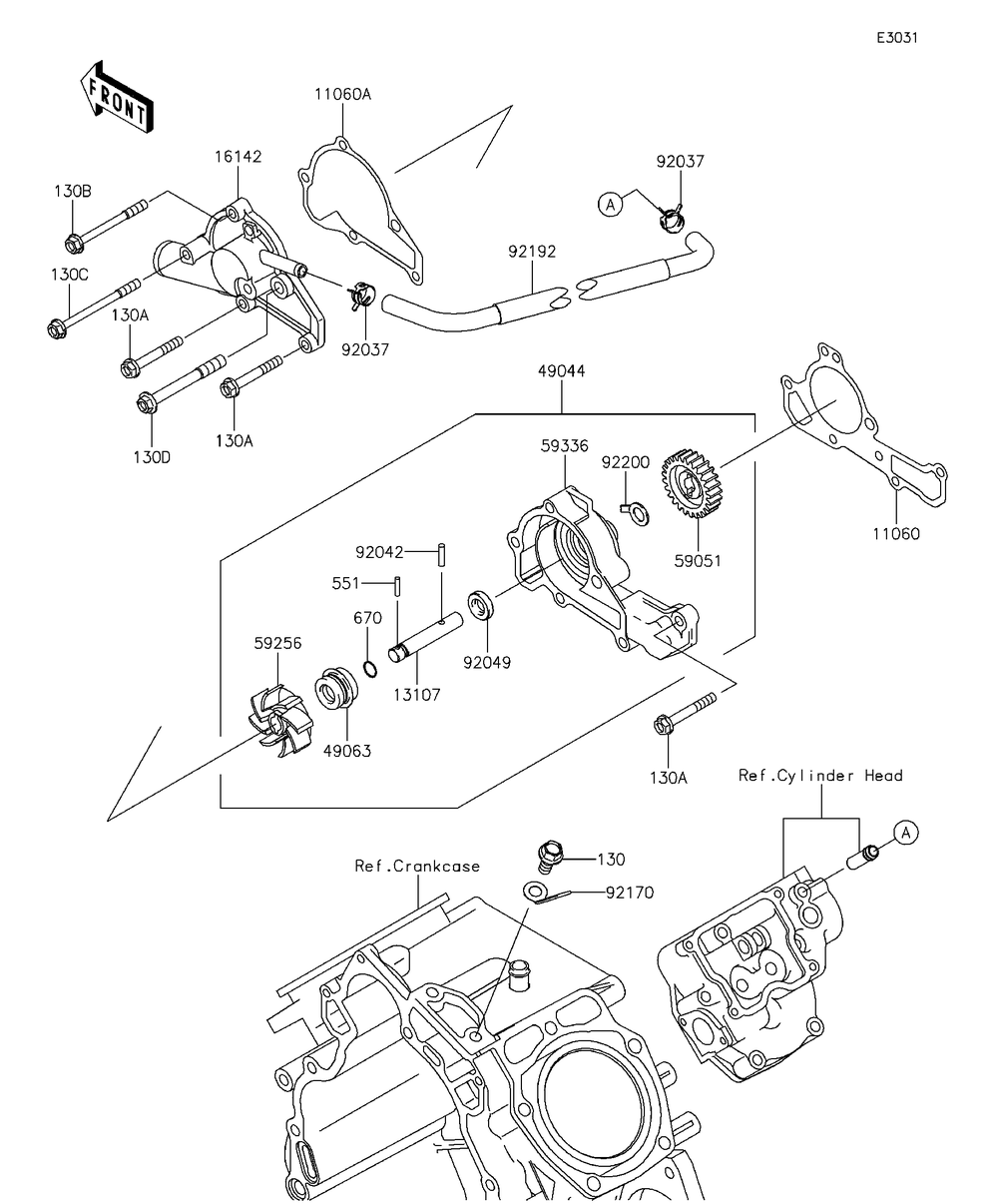 Water Pump Diagram and Parts List for KAF620RFF 2015 Kawasaki Lawn Tractor Accessories