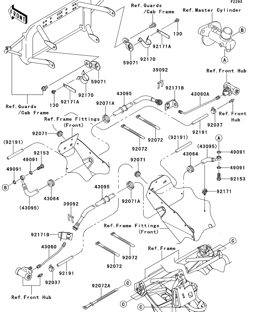 Front Brake Piping Diagram and Parts List for KAF400DEF 2014 Kawasaki Lawn Tractor Accessories
