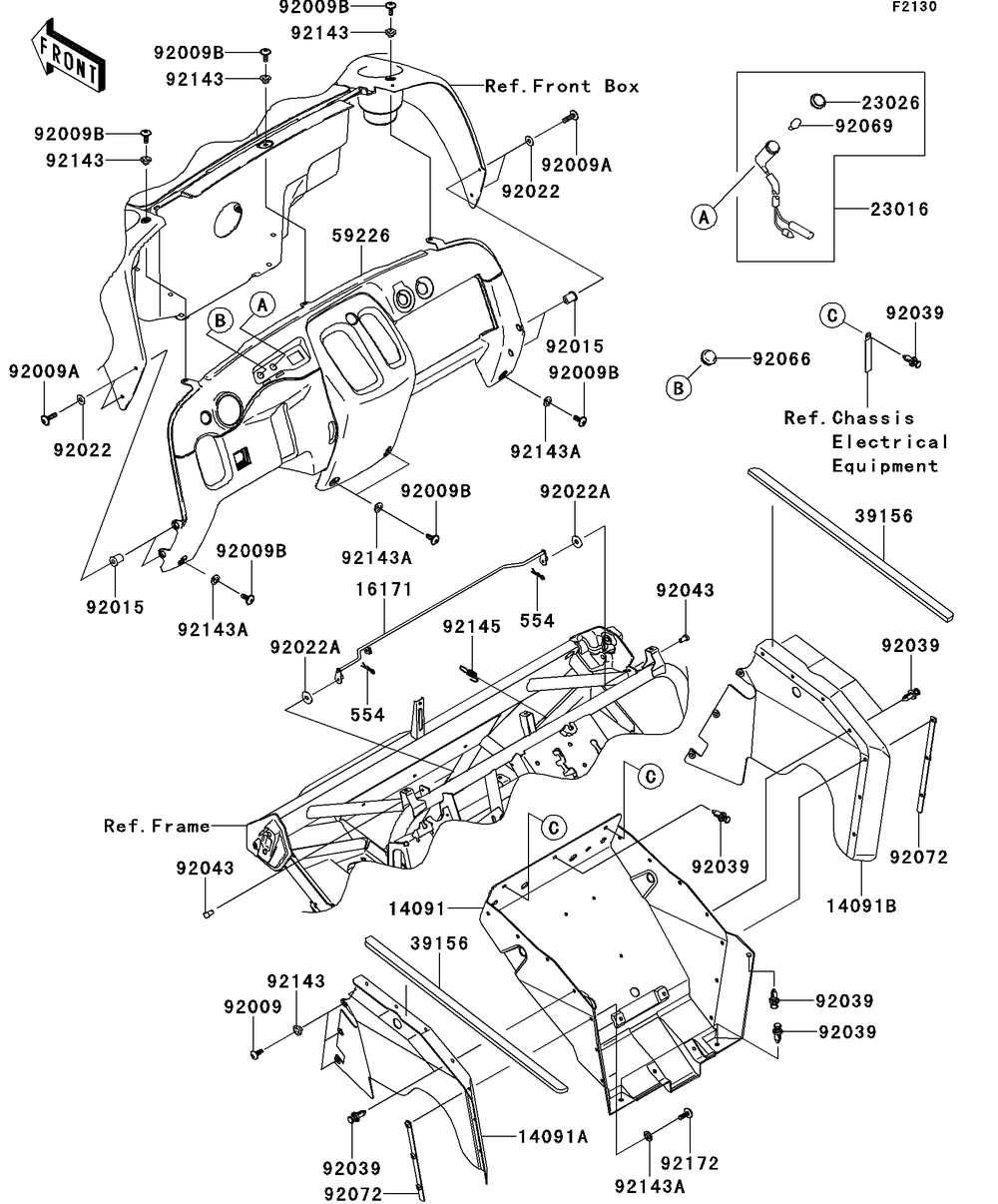 Frame Fittings Diagram and Parts List for KAF400BEF 2014 Kawasaki Lawn Tractor Accessories