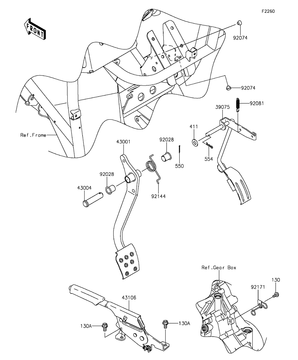 Brake Pedal/Throttle Lever Diagram and Parts List for KAF400DFF 2015 Kawasaki Lawn Tractor Accessories