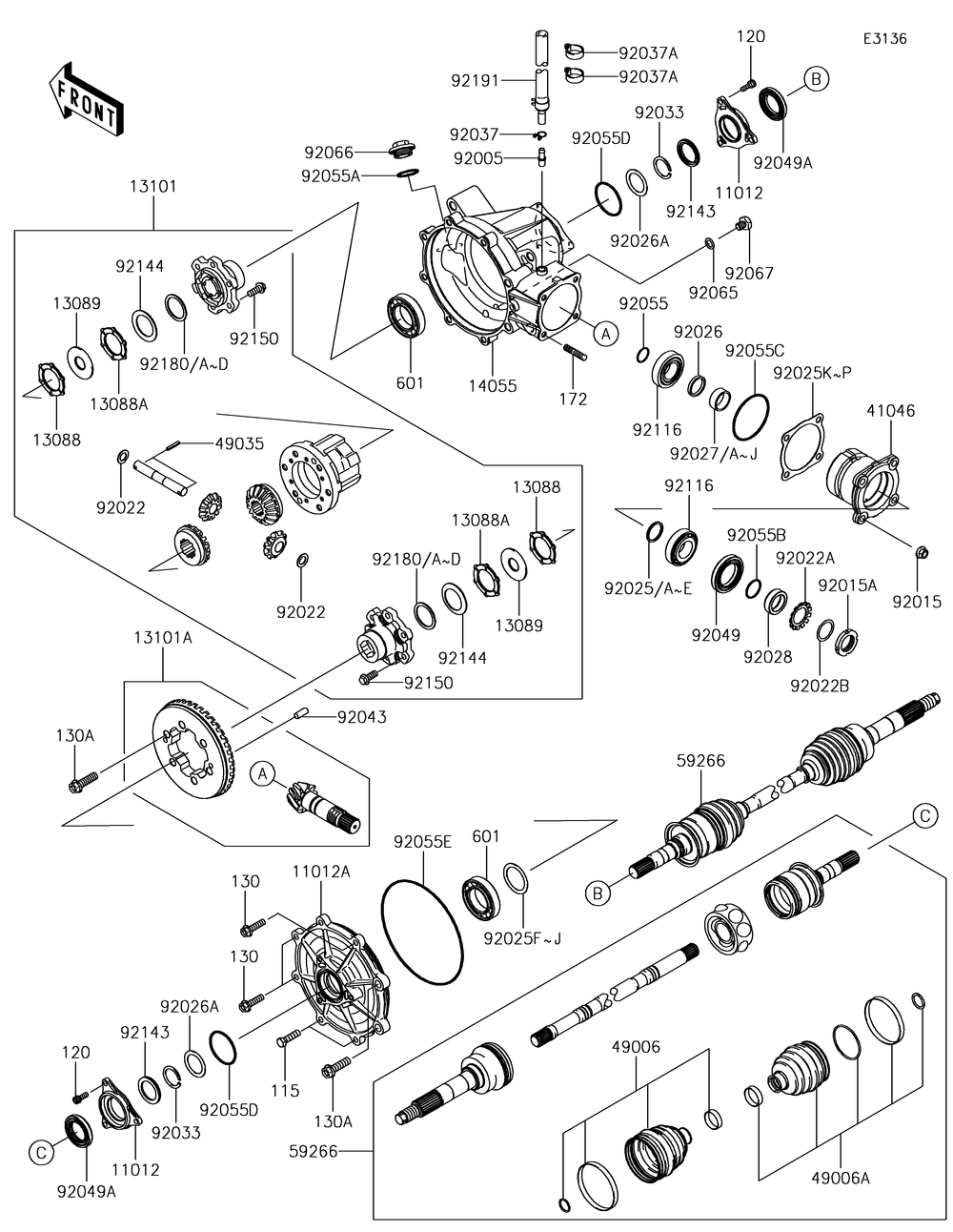 Drive Shaft-Front Diagram and Parts List for KAF620RHF 2017 Kawasaki Lawn Tractor Accessories