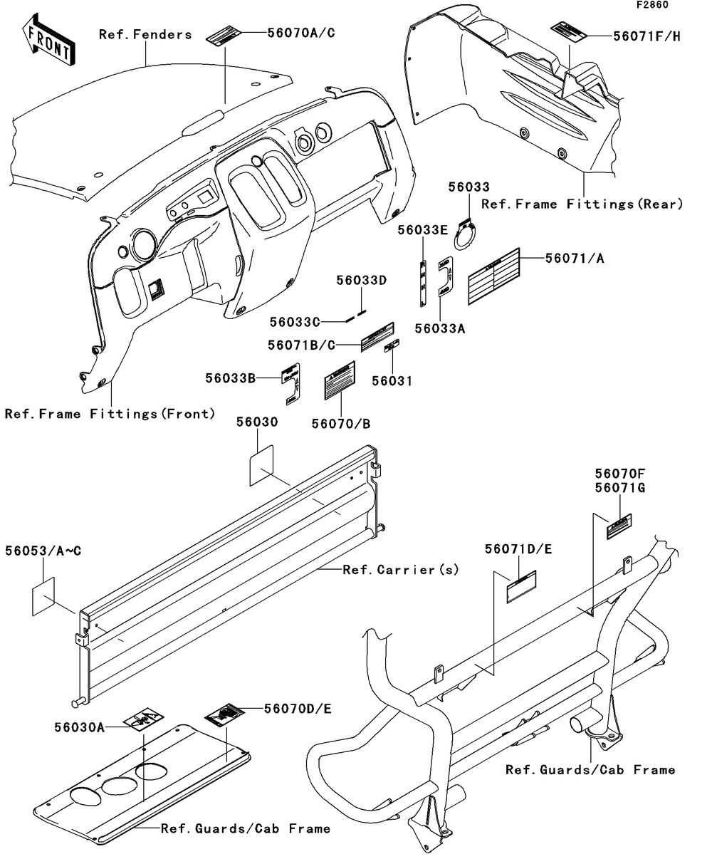 Labels Diagram and Parts List for KAF400DEF 2014 Kawasaki Lawn Tractor Accessories