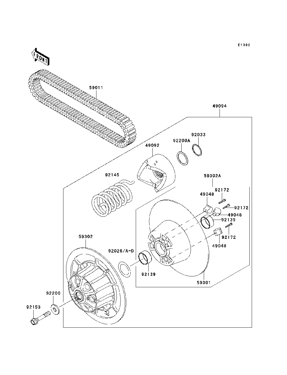 Driven Converter/Drive Belt Diagram and Parts List for KAF950C7F 2007 & Prior Kawasaki Lawn Tractor Accessories