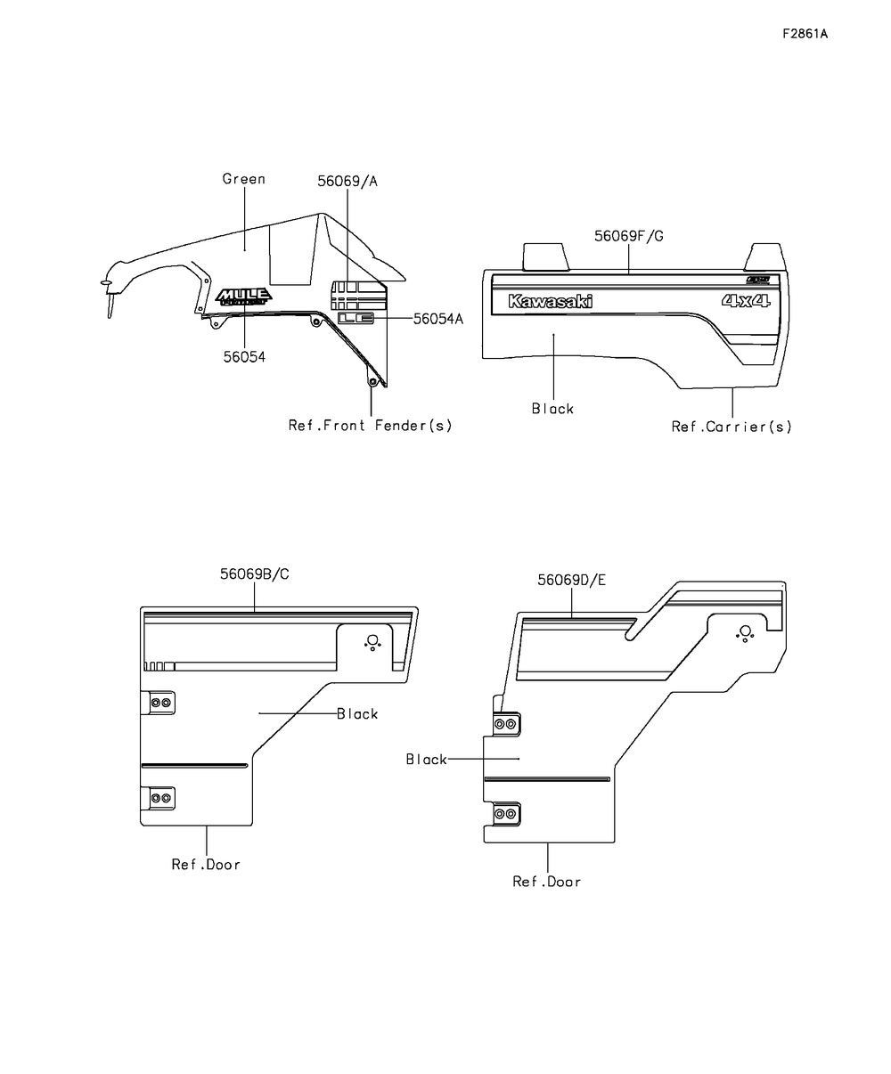 Decals(Green)(Cff) Diagram and Parts List for KAF820CFF 2015 Kawasaki Lawn Tractor Accessories
