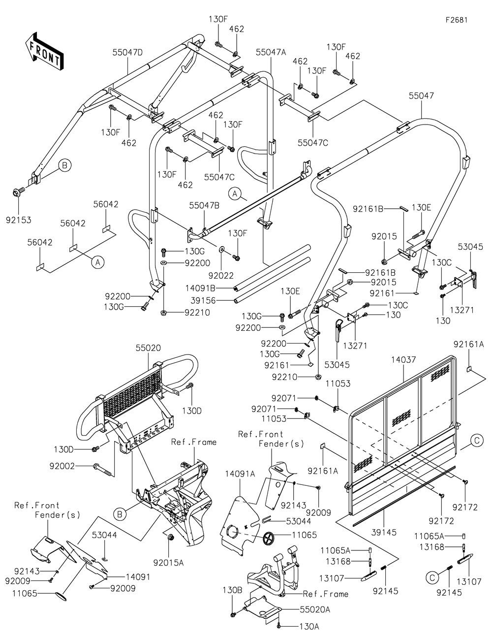 Guards/Cab Frame Diagram and Parts List for KAF620WLS 2020 Kawasaki Lawn Tractor Accessories